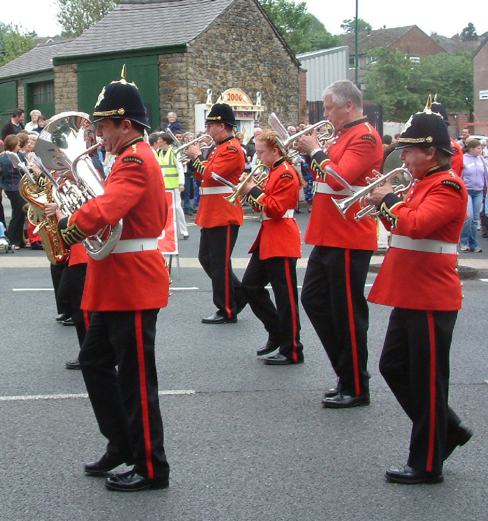 The Adamson's Band leading the procession past the Grapes Hotel