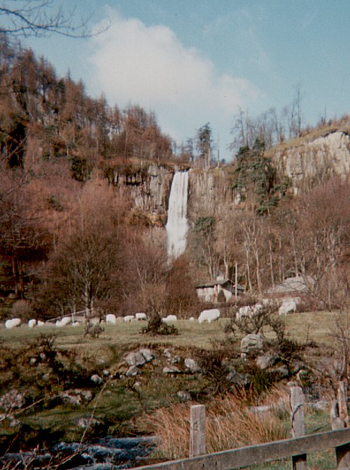 Pistyll Rhaeder: distant view, April 1989
